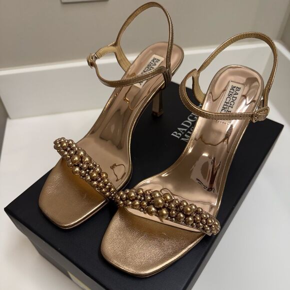 Badgley Mischka Caitlyn Pearly Ankle-Strap Sandals, Bronze, Size 7.5, $235 - Picture 2 of 7